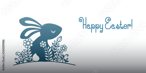 Vector hand drawn silhouette illustration with Easter bunnies and flowers. Beautiful horizontal banner with text message Happy easter