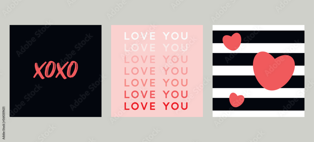 Love and XOXO - Valentine's day concept posters. Vector illustrations. Happy Valentines Day greeting cards	