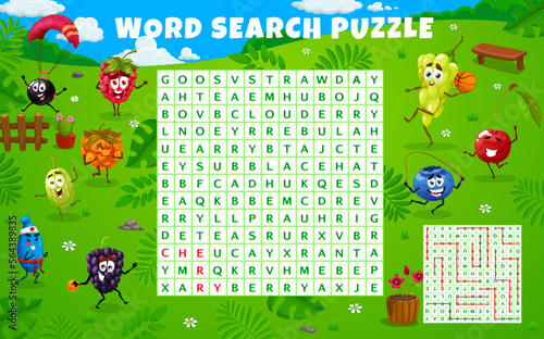 Cartoon berry characters on summer party, word search puzzle game worksheet. Vector kids quiz grid with gooseberry, strawberry, cloudberry and blueberry, honeysuckle, raspberry or blackberry