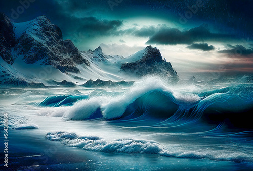 Storm on the ocean. Beautiful landscape of Islandia, Norway, Generative AI