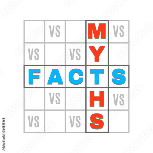 Myths vs facts icon. Truth and false, true versus lie, reality against fiction isolated badge. Fake news, fact checking or myth busting quiz emblem in shape of isolated crossword game grid