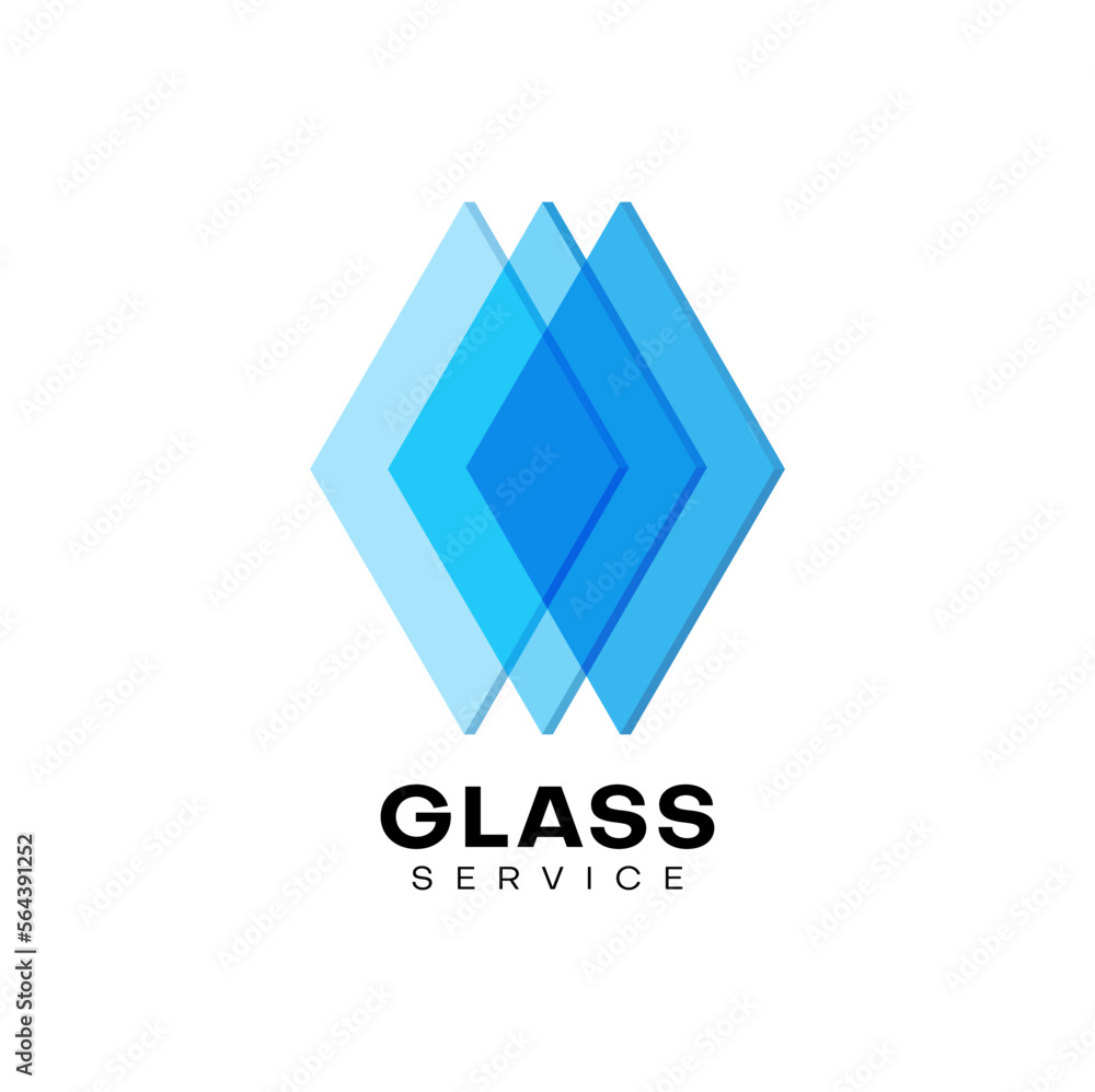 Glass service company icon of window and construction works, vector blue crystal glass emblem. Geometric shape of abstract polygon in gradient for glass production, building or digital technology Glass service company icon of window and construction works, vector blue crystal glass emblem. Geometric shape of abstract polygon in gradient for glass production, building or digital technology