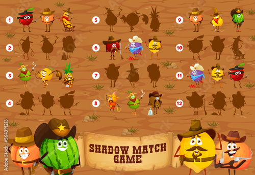 Shadow matching game, cartoon fruit cowboy, ranger, sheriff and robber characters, vector quiz. Watermelon cowboy, orange sheriff and lemon ranger with banana bandit on shadow matching puzzle game