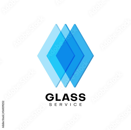 Glass service company icon of window and construction works, vector blue crystal glass emblem. Geometric shape of abstract polygon in gradient for glass production, building or digital technology