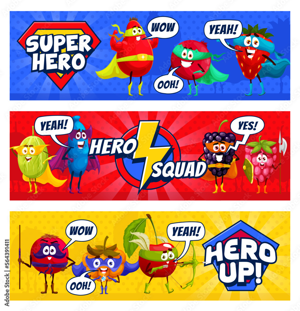 Cartoon superhero berry characters and hero squad. Vector banners with funny super hero blackberry, strawberry, raspberry and gooseberry, honeyberry, cloudberry or cranberry with cherry defenders