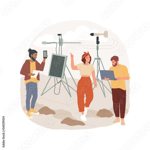 Meteorology isolated cartoon vector illustration. Group of people collecting data with meteorological instrument, measuring the wind speed and humidity, temperature control vector cartoon. photo