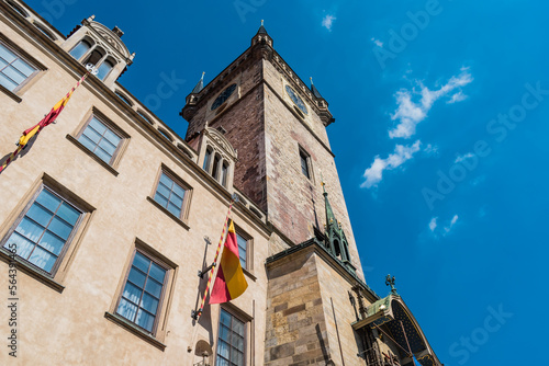 Orloj perspective on Old Town Hall with tower and spiers, Prague - Czechia