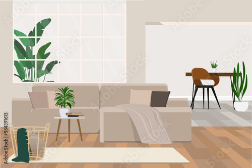 Vector illustration modern interior of open space with modular sofa, furniture, coffee table, plaid, pillows, plants.