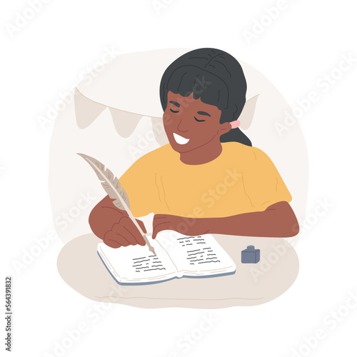 Poetry isolated cartoon vector illustration. Young girl enjoying writing and reading creative poetry, love to literature, book manuscript, ink feather usage, hands-on activity vector cartoon.