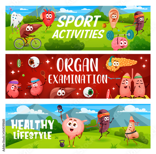 Healthy lifestyle, sports activity, cartoon funny human organs characters. Vector banners with liver, tooth, heart and ear. Spleen, brain, eyeball and kidneys with pancreas and lungs, nose or bladder