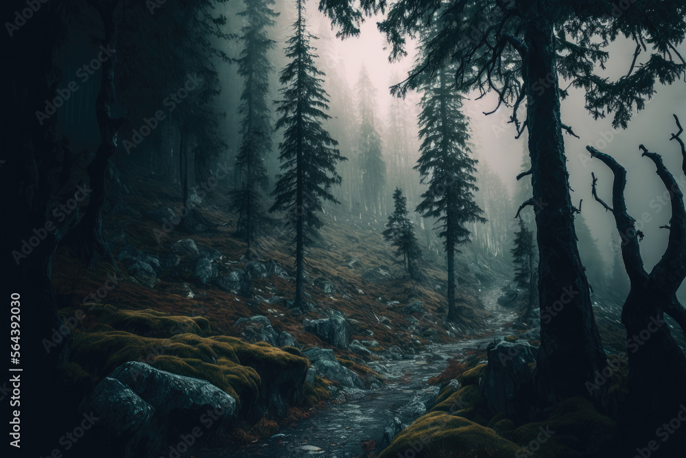 Obraz premium Light shining through the fog in a forest. Generative AI.