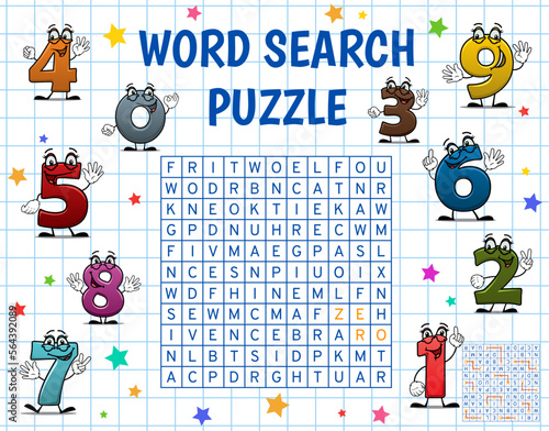 Cartoon school numbers and digits. Word search puzzle game worksheet. Child vocabulary quiz, children word search puzzle or kids playing activity vector page with cheerful and funny digits characters