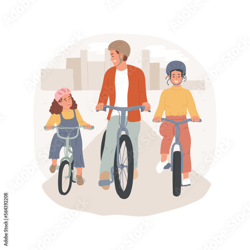 Family cycling isolated cartoon vector illustration. Smiling parents and kid cycling on bikes together, happy childhood, people having fun, family lifestyle, physical activity vector cartoon.