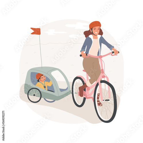 Bike trailer isolated cartoon vector illustration. Parent carries a bicycle cart with a kid, cycling with child, family lifestyle, physical activity, having funny trip together vector cartoon.