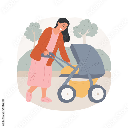 Walking with baby isolated cartoon vector illustration. Young mom walking with a stroller, having walk with little kid together, family lifestyle, physical activity vector cartoon.