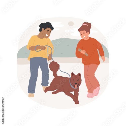 Dog walk isolated cartoon vector illustration. Happy kids with a pet on a leash walking together, domestic animal lovers, family life, physical activity, leisure time with dog vector cartoon.
