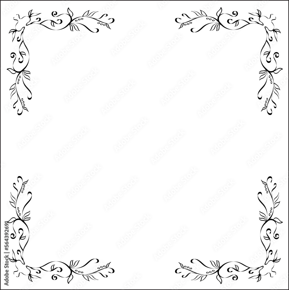 Black and white vegetal ornamental frame, decorative border, corners for greeting cards, banners, business cards, invitations, menus. Isolated vector illustration. Black and white vegetal ornamental frame, decorative border, corners for greeting cards, banners, business cards, invitations, menus. Isolated vector illustration.