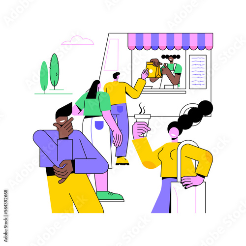 Queuing for food isolated cartoon vector illustrations. Group of people queuing up for meal near the food truck, eating out outdoors, waiting for dishes, friends leisure time vector cartoon.