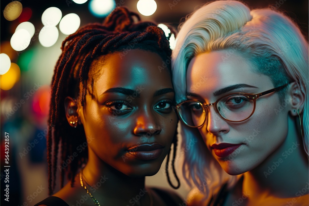 Young aged fashionable black and white lesbian couple deep in love and intimate moment. Have a romantic time. Instagrammable photo shot. Generative AI Young aged fashionable black and white lesbian couple deep in love and intimate moment. Have a romantic time. Instagrammable photo shot. Generative AI