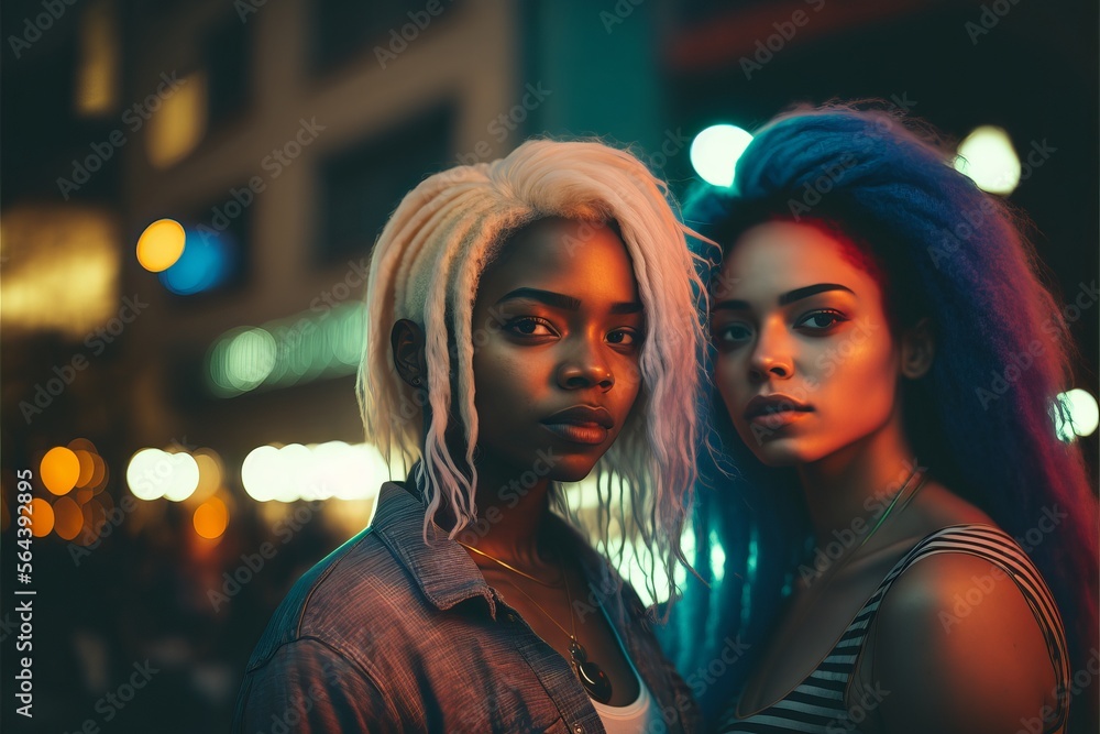 Young aged fashionable black lesbian couple deep in love and intimate moment. Have a romantic time. Instagrammable photo shot. Generative AI Young aged fashionable black lesbian couple deep in love and intimate moment. Have a romantic time. Instagrammable photo shot. Generative AI