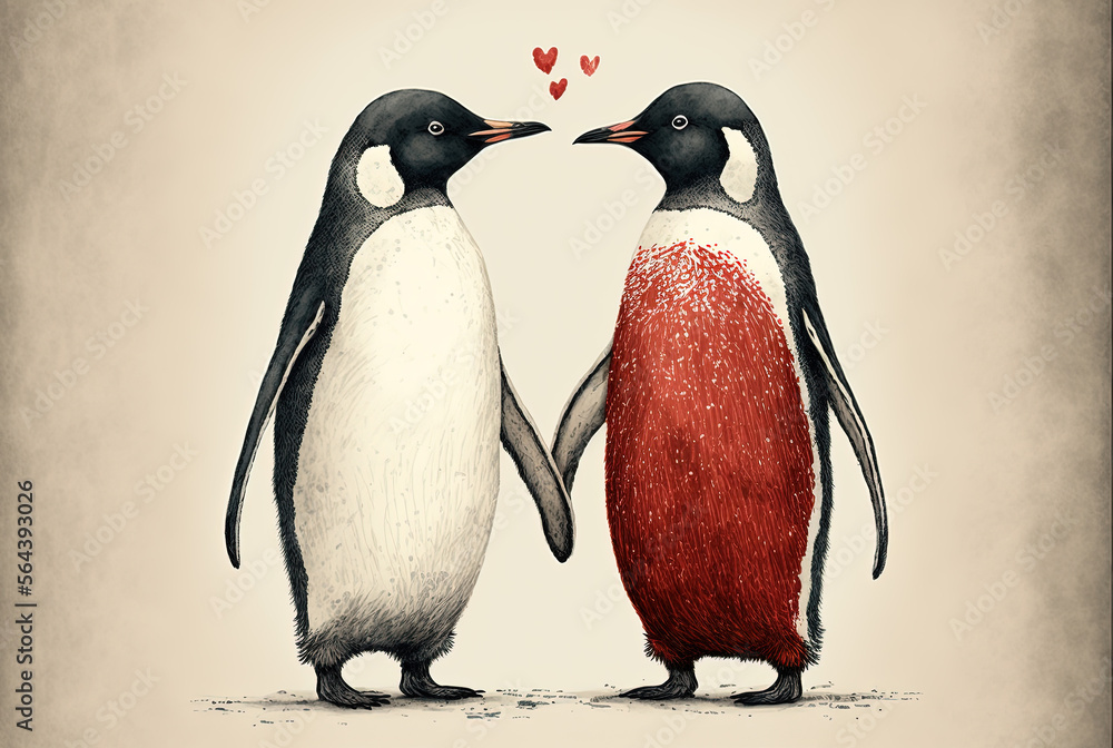 Obraz premium Illustration of cute penguins couple in love, animal valentine day card invitation background, vintage style. Generative AI