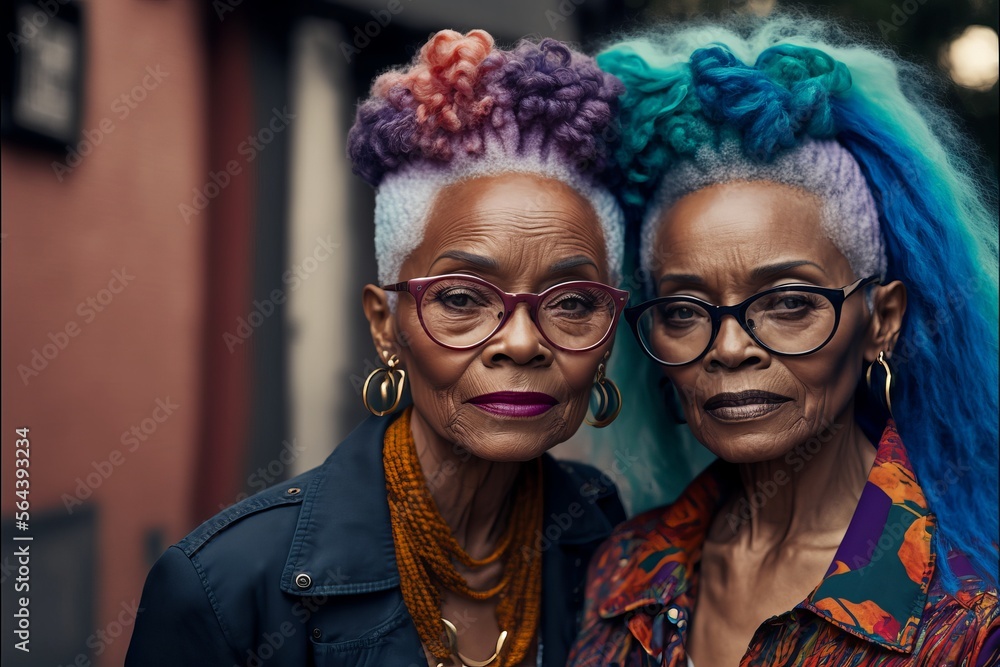 Old aged fashionable black lesbian couple deep in love and intimate moment. Have a romantic time. Instagrammable photo shot. Generative AI
Old aged fashionable black lesbian couple deep in love and intimate moment. Have a romantic time. Instagrammable photo shot. Generative AI