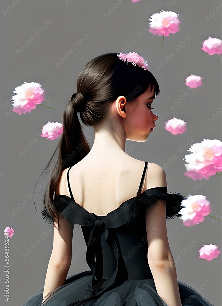 Fototapeta premium charming little ballerina, girl in a bright puffy dress made of feathers. ballet postcar