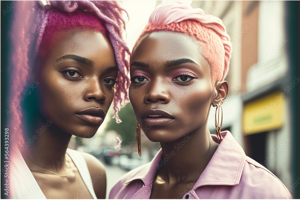 Obraz premium Young aged fashionable black lesbian couple deep in love and intimate moment. Have a romantic time. Instagrammable photo shot. Generative AI 