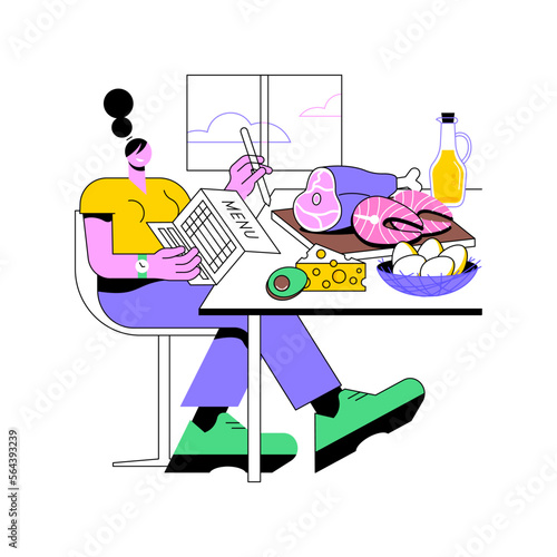 Ketogenic diet isolated cartoon vector illustrations. Woman makes nutrition daily plan, high fat food, healthy nutrition, ketogenic diet, meat and salmon on the table vector cartoon.