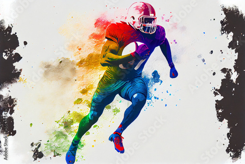 Amerikanischer Football Spieler mit helm und ball in Aquarellfarben isoliert auf weißen Hintergrund - Generative Ai