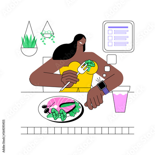 Intermittent fasting isolated cartoon vector illustrations. Woman eating and looking at watch, meal timing schedule, time-restricted fasting, healthy nutrition, weight control vector cartoon.