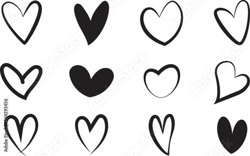 Set of Black hand-drawn hearts icons. Element for Valentine's day. Vector illustration.