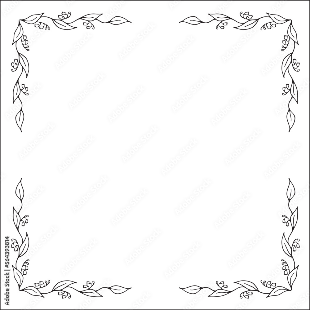 Black and white vegetal ornamental frame, decorative border, corners for greeting cards, banners, business cards, invitations, menus. Isolated vector illustration.