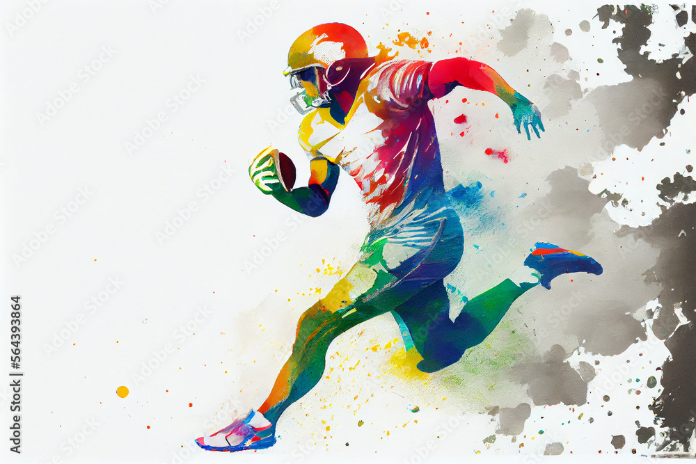 Amerikanischer Football Spieler mit helm und ball  in Aquarellfarben isoliert auf weißen Hintergrund - Generative Ai