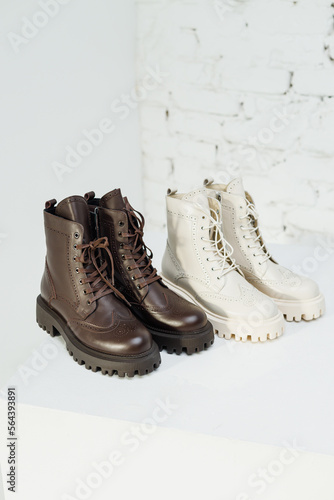 Stylish women's leather brown boots on white background, women's spring shoes close-up. Fashionable boots for women. Selective focus