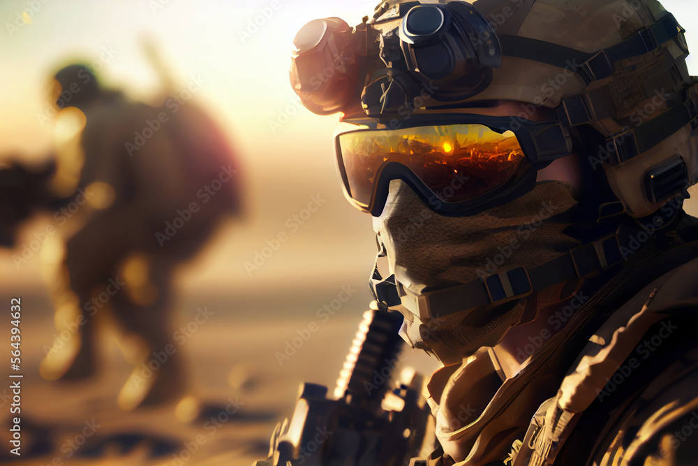 Soldiers in the Battlefield: Photorealistic Close-up of Warriors in Full Equipment with Reflection on Glasses and Helmets in Natural Light Soldiers in the Battlefield: Photorealistic Close-up of Warriors in Full Equipment with Reflection on Glasses and Helmets in Natural Light