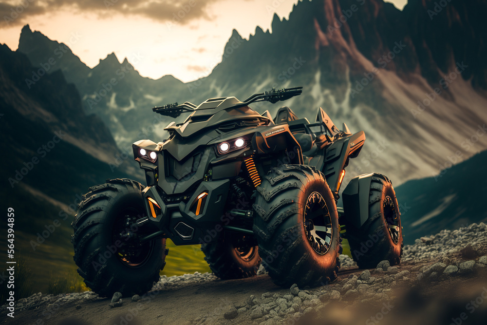 concept of futuristic electric ATV quad in mountains, Generative AI