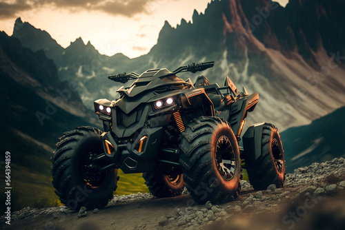 concept of futuristic electric  ATV quad in mountains, Generative AI photo