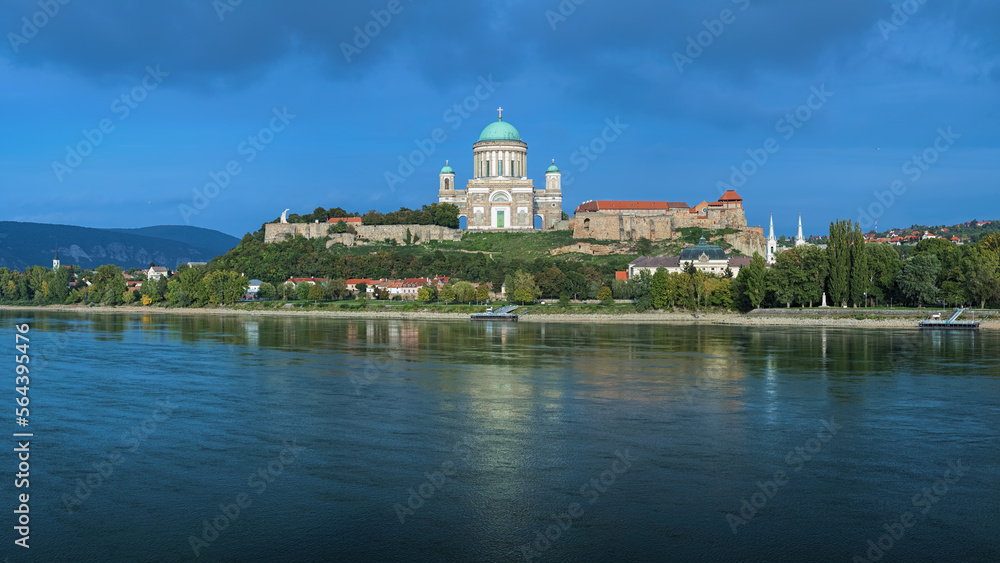 Esztergom, Hungary. Esztergom Basilica at Castle Hill. View from the opposite bank of the Danube. The Latin motto on the temple's frieze reads: Seek those things which are above.