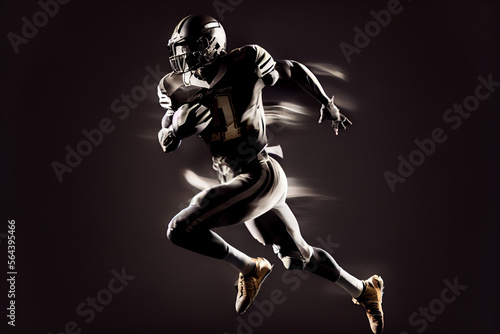 Amerikanischer Football Spieler mit helm und ball auf schwarzen Hintergrund - Generative Ai