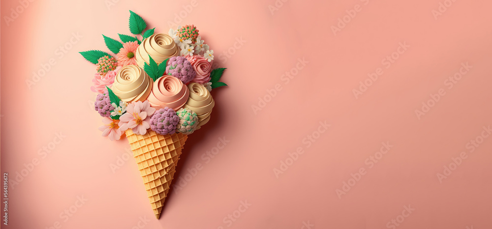 Ice cream cone and flowers on a pink background. Creative concept. Top view, copy space. Generative AI Ice cream cone and flowers on a pink background. Creative concept. Top view, copy space. Generative AI
