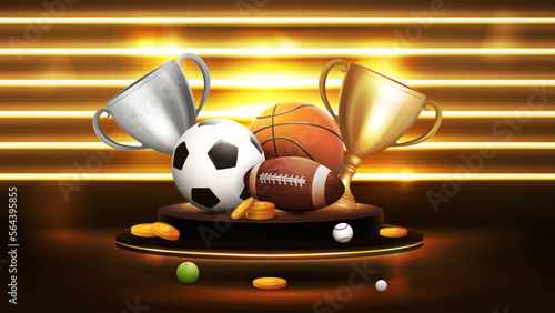 Champion cups and sport balls on gold podium floating in the air in dark scene with gold horizontal line neon wall