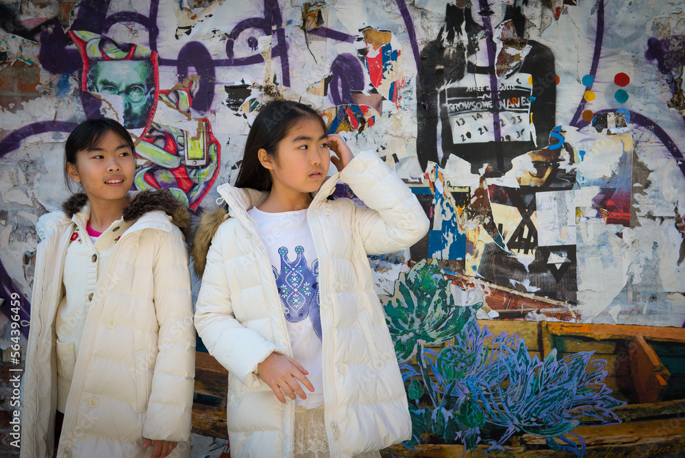 Two young asian girls stadning in front of street grafitti in New York City