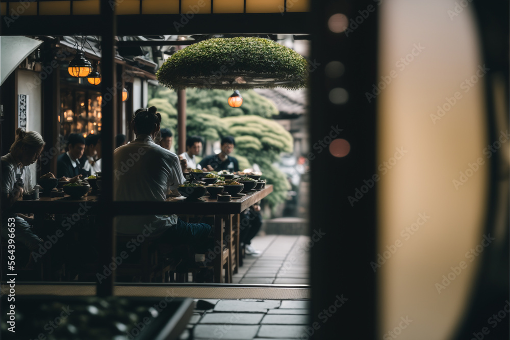Naklejka premium restaurant's terrace in Japan, bar table, and chairs outdoor, generative ai