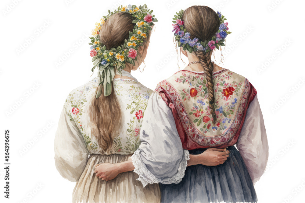 Two girls in national costumes with wreaths on their heads hug each other, rear view. Women Friendship. Generative AI Two girls in national costumes with wreaths on their heads hug each other, rear view. Women Friendship. Generative AI