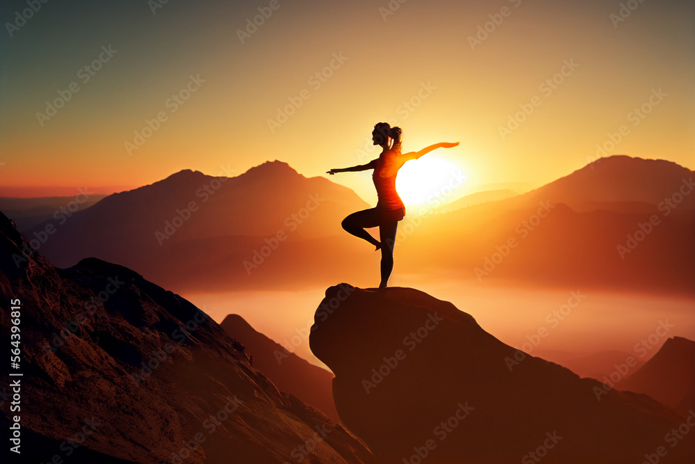 Silhouette einer Frau, die Yoga auf einem Berg, im Sonnenuntergang ausübt - Generative Ai 