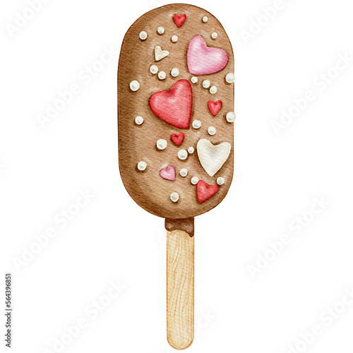 Watercolor Valentine's popsicle ice cream with pink and red hearts. Hand-drawn Valentine's sweets with transparent background PNG