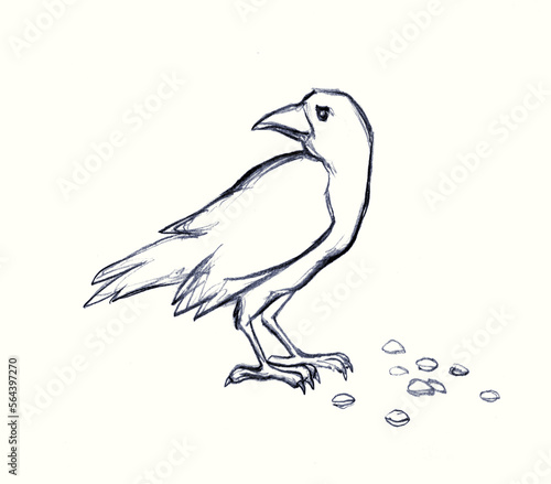 Schilderij op canvas Pencil drawing. Crows peck at the grain