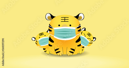Happy chinese new year of the tiger 2022 vector banner, card or background. Celebration of lunar new year in Asia. Cute cartoon zodiac tiger with cubs wearing blue protective face masks. Wear a mask.