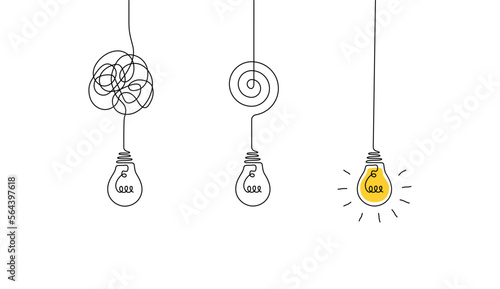 One continuous line drawing of tangled and scribble wires with light bulbs. Concept of complex problem solving process and psychoterapy in simple linear style. Editable stroke. Vector illustration